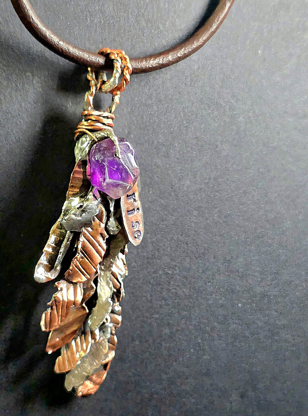 Second Wind Wing Necklace – Hand Forged Copper & Silver Feather Pendant with Amethyst, Rustic Artisan Jewelry, Resurgent Collection