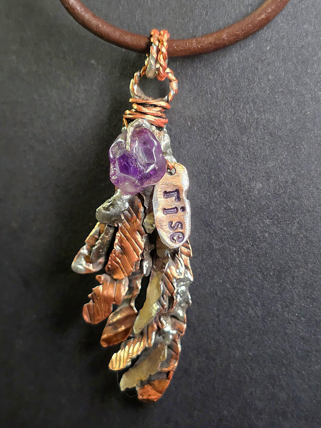 Second Wind Wing Necklace – Hand Forged Copper & Silver Feather Pendant with Amethyst, Rustic Artisan Jewelry, Resurgent Collection