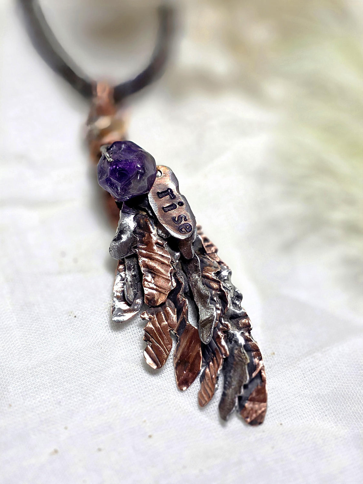 Second Wind Wing Necklace – Hand Forged Copper & Silver Feather Pendant with Amethyst, Rustic Artisan Jewelry, Resurgent Collection