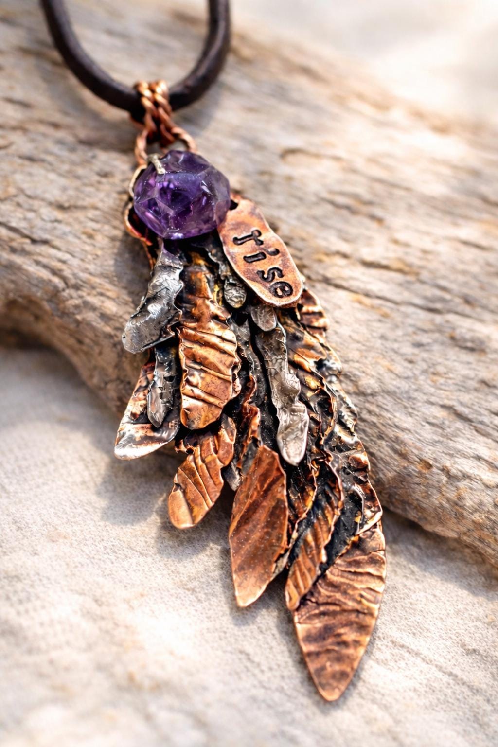 Second Wind Wing Necklace – Hand Forged Copper & Silver Feather Pendant with Amethyst, Rustic Artisan Jewelry, Resurgent Collection