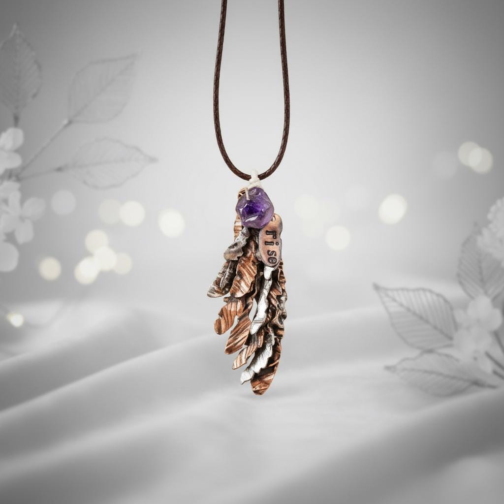 Second Wind Wing Necklace – Hand Forged Copper & Silver Feather Pendant with Amethyst, Rustic Artisan Jewelry, Resurgent Collection