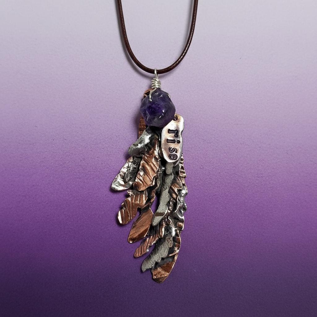 Second Wind Wing Necklace – Hand Forged Copper & Silver Feather Pendant with Amethyst, Rustic Artisan Jewelry, Resurgent Collection