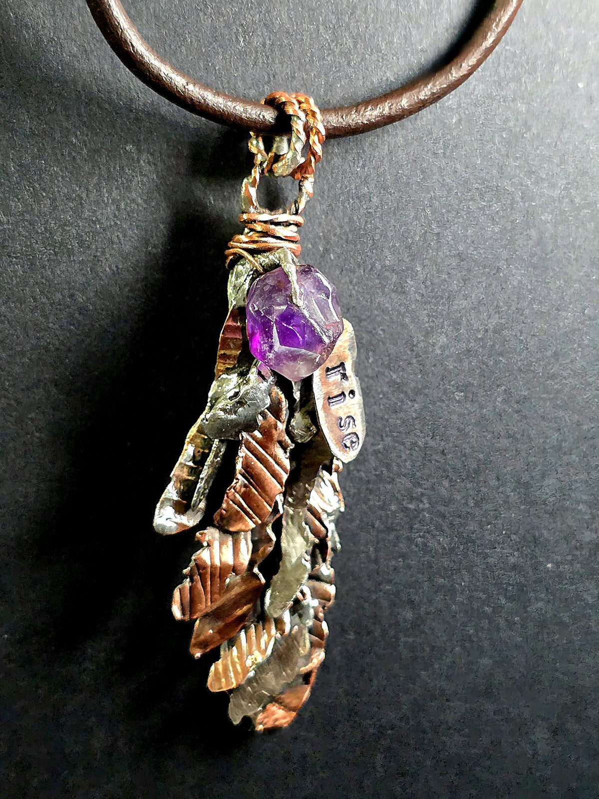 Second Wind Wing Necklace – Hand Forged Copper & Silver Feather Pendant with Amethyst, Rustic Artisan Jewelry, Resurgent Collection