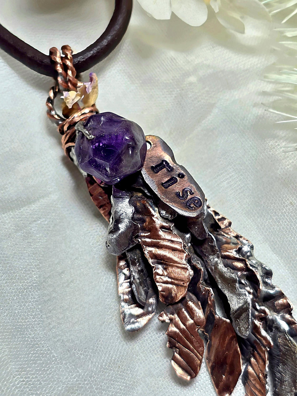 Second Wind Wing Necklace – Hand Forged Copper & Silver Feather Pendant with Amethyst, Rustic Artisan Jewelry, Resurgent Collection