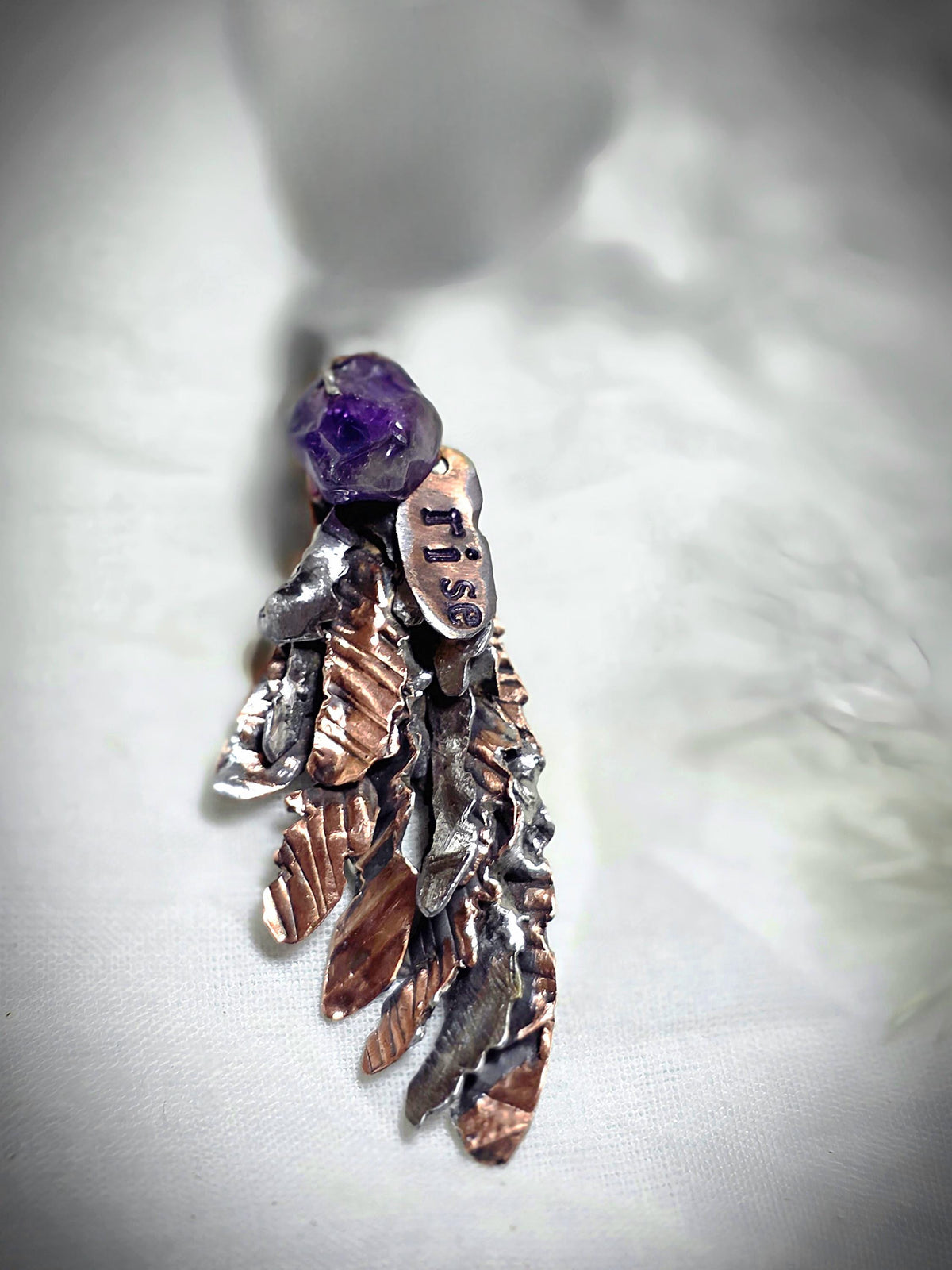 Second Wind Wing Necklace – Hand Forged Copper & Silver Feather Pendant with Amethyst, Rustic Artisan Jewelry, Resurgent Collection