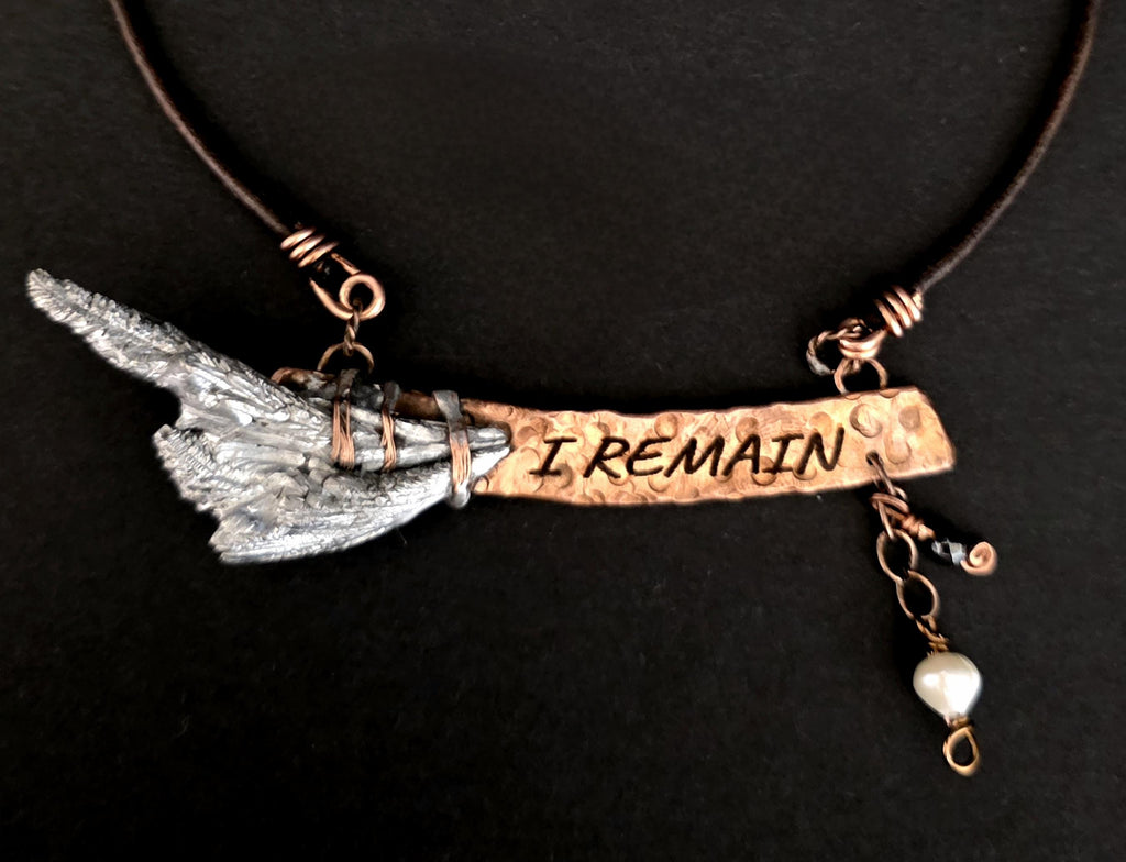 RESURGENT – We Knew Hell But Chose Not to Stay, “I Remain” Copper Bar Necklace, Pearl & Hematite Dangle Pendant, Handmade Rustic Survivor.