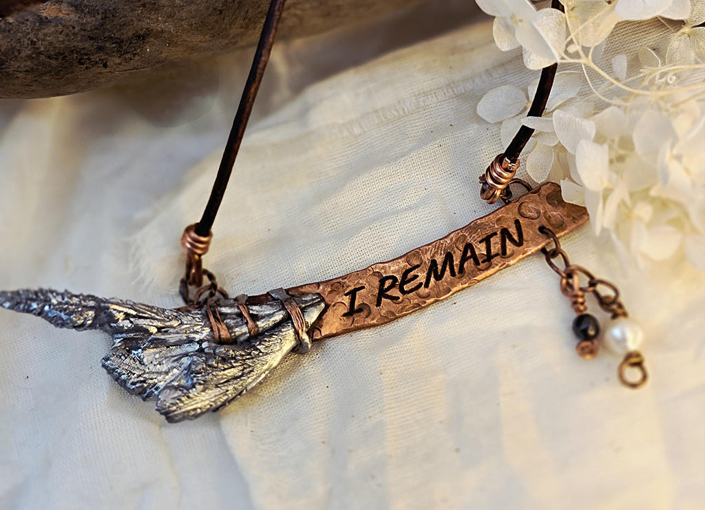 RESURGENT – We Knew Hell But Chose Not to Stay, “I Remain” Copper Bar Necklace, Pearl & Hematite Dangle Pendant, Handmade Rustic Survivor.
