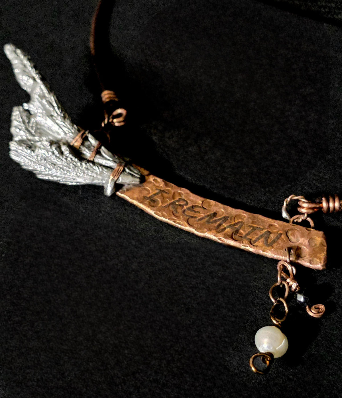 RESURGENT – We Knew Hell But Chose Not to Stay, “I Remain” Copper Bar Necklace, Pearl & Hematite Dangle Pendant, Handmade Rustic Survivor.
