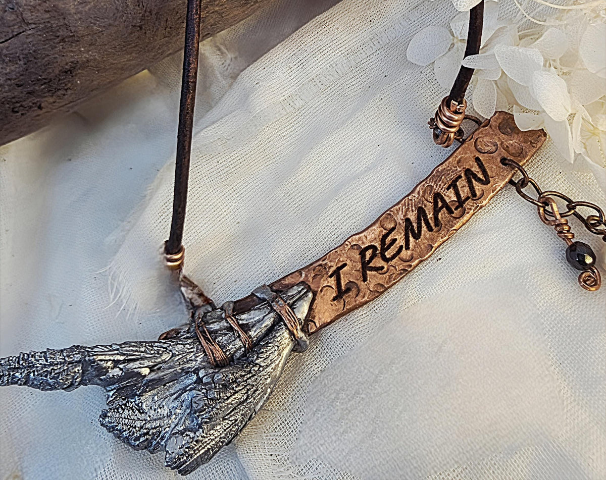 RESURGENT – We Knew Hell But Chose Not to Stay, “I Remain” Copper Bar Necklace, Pearl & Hematite Dangle Pendant, Handmade Rustic Survivor.