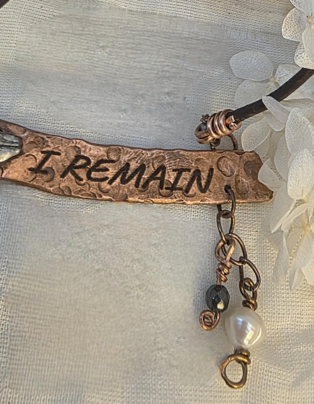 RESURGENT – We Knew Hell But Chose Not to Stay, “I Remain” Copper Bar Necklace, Pearl & Hematite Dangle Pendant, Handmade Rustic Survivor.