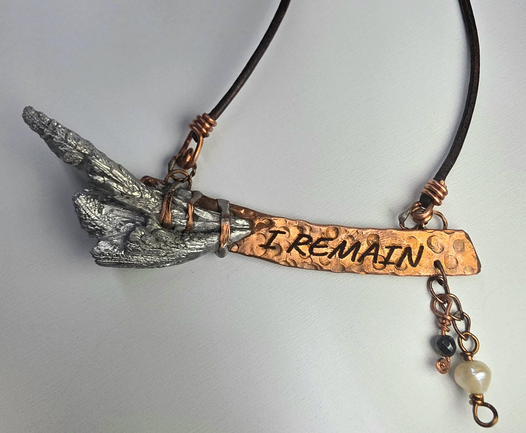 RESURGENT – We Knew Hell But Chose Not to Stay, “I Remain” Copper Bar Necklace, Pearl & Hematite Dangle Pendant, Handmade Rustic Survivor.