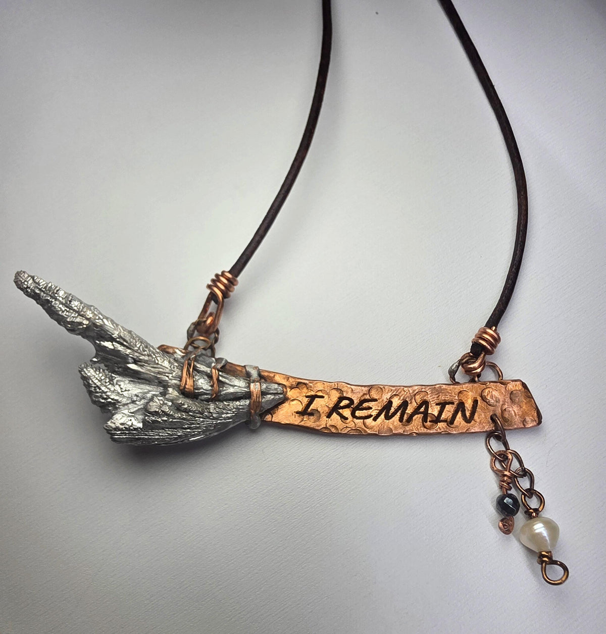 RESURGENT – We Knew Hell But Chose Not to Stay, “I Remain” Copper Bar Necklace, Pearl & Hematite Dangle Pendant, Handmade Rustic Survivor.