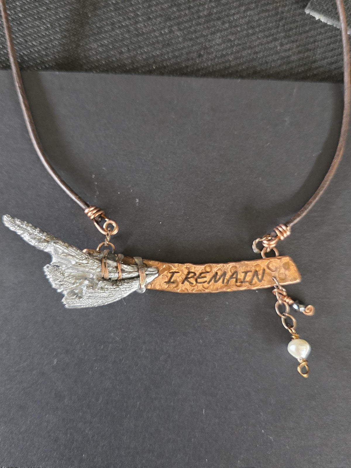 RESURGENT – We Knew Hell But Chose Not to Stay, “I Remain” Copper Bar Necklace, Pearl & Hematite Dangle Pendant, Handmade Rustic Survivor.