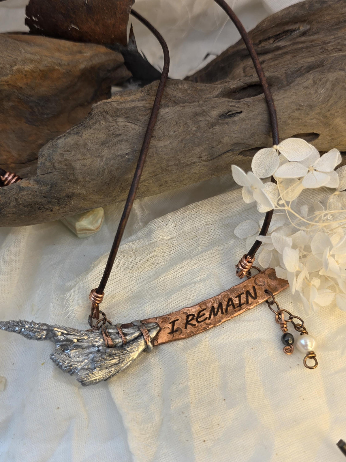 RESURGENT – We Knew Hell But Chose Not to Stay, “I Remain” Copper Bar Necklace, Pearl & Hematite Dangle Pendant, Handmade Rustic Survivor.