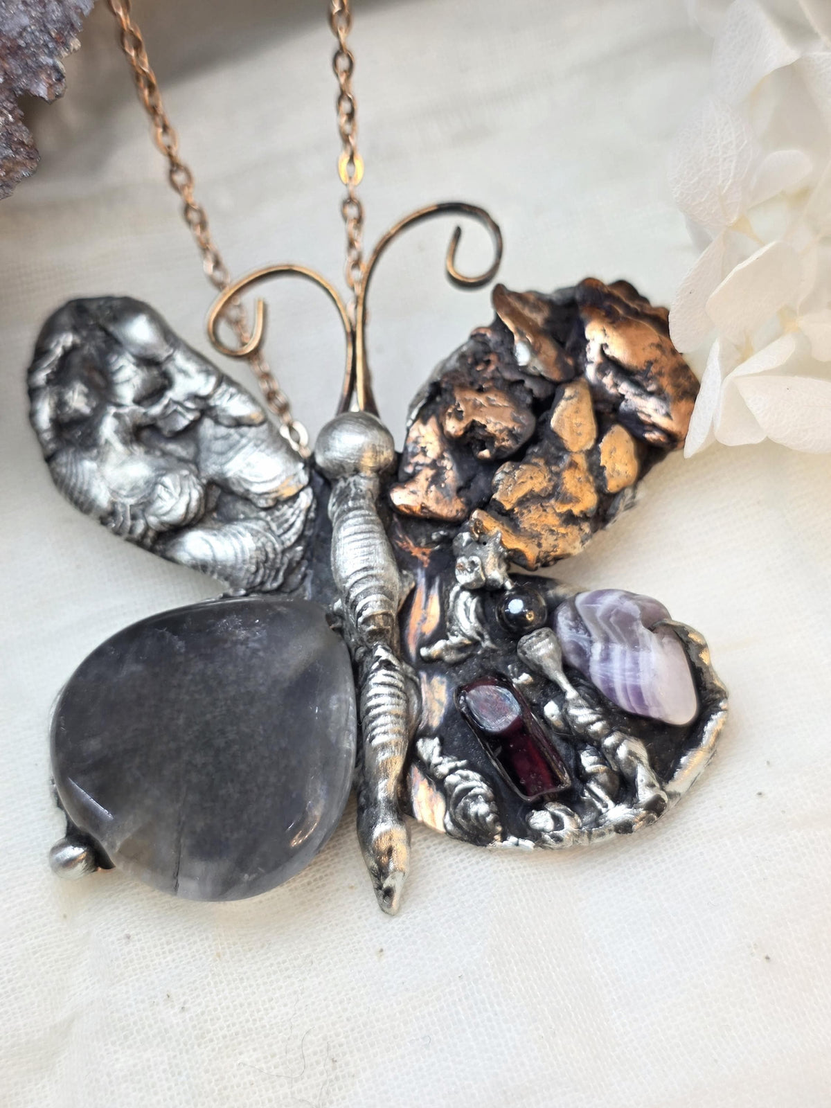 RESURGENT - We Knew Hell But Chose Not to Stay - Still Here Mixed Stone Necklace, Garnet Hematite Chevron Amethyst Moonstone Pendant, Handma