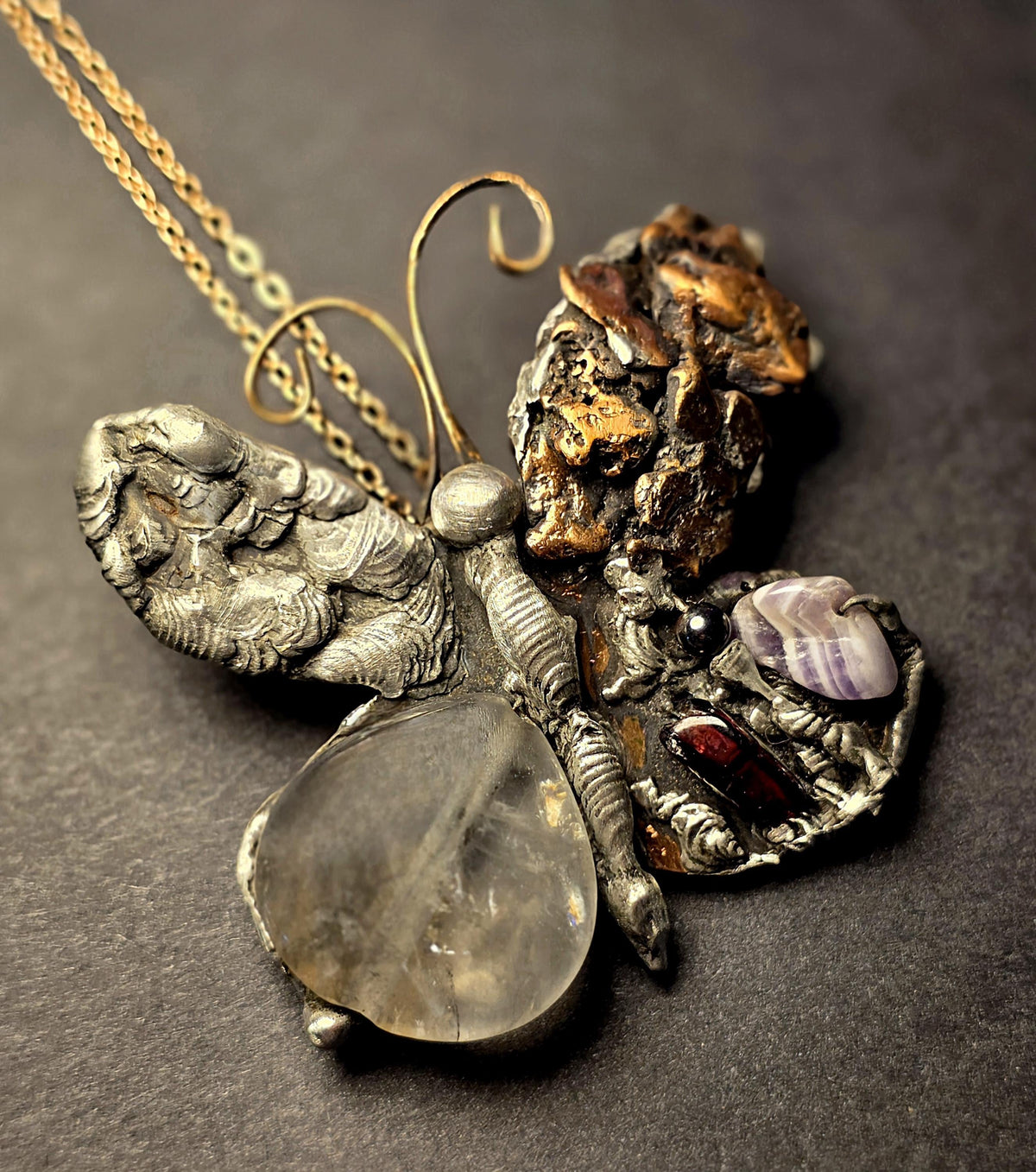 RESURGENT - We Knew Hell But Chose Not to Stay - Still Here Mixed Stone Necklace, Garnet Hematite Chevron Amethyst Moonstone Pendant, Handma