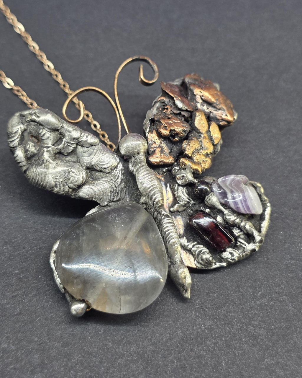 RESURGENT - We Knew Hell But Chose Not to Stay - Still Here Mixed Stone Necklace, Garnet Hematite Chevron Amethyst Moonstone Pendant, Handma