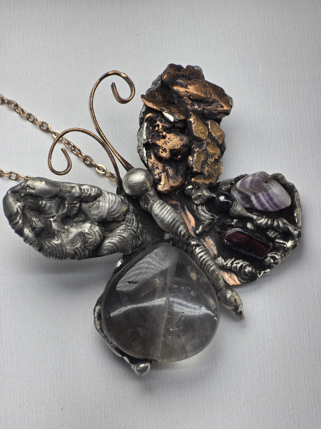 RESURGENT - We Knew Hell But Chose Not to Stay - Still Here Mixed Stone Necklace, Garnet Hematite Chevron Amethyst Moonstone Pendant, Handma
