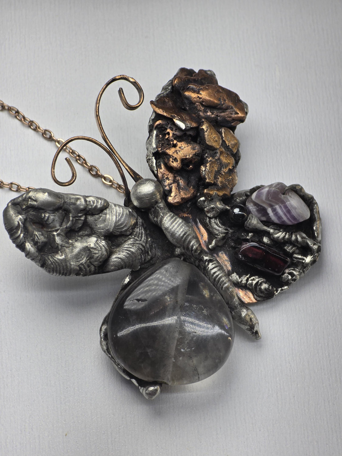 RESURGENT - We Knew Hell But Chose Not to Stay - Still Here Mixed Stone Necklace, Garnet Hematite Chevron Amethyst Moonstone Pendant, Handma