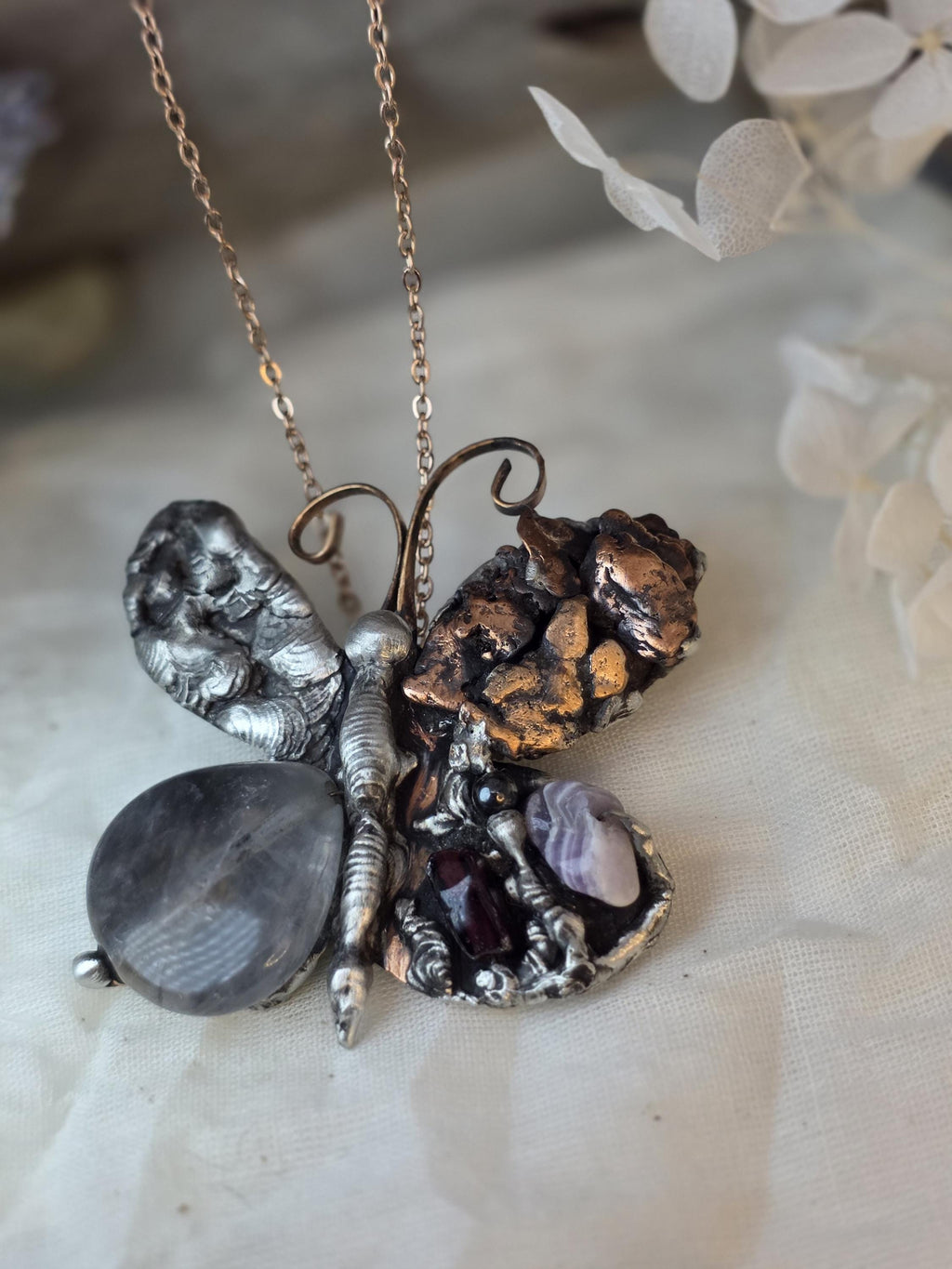 RESURGENT - We Knew Hell But Chose Not to Stay - Still Here Mixed Stone Necklace, Garnet Hematite Chevron Amethyst Moonstone Pendant, Handma