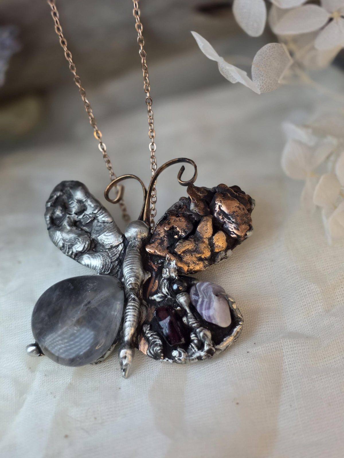 RESURGENT - We Knew Hell But Chose Not to Stay - Still Here Mixed Stone Necklace, Garnet Hematite Chevron Amethyst Moonstone Pendant, Handma