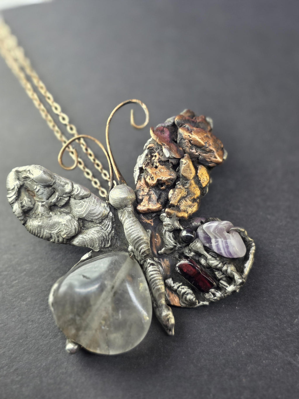RESURGENT - We Knew Hell But Chose Not to Stay - Still Here Mixed Stone Necklace, Garnet Hematite Chevron Amethyst Moonstone Pendant, Handma