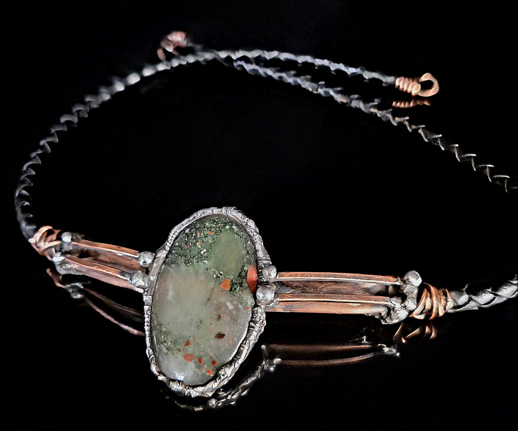RESURGENT “Life Line” Necklace – Leather & Brass Bolo Style Pendant with Shield Stone Setting, Handcrafted Survivor Jewelry, Rustic Strength