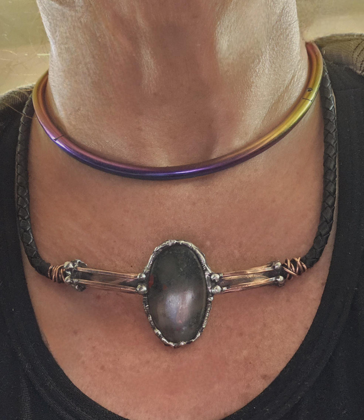 RESURGENT “Life Line” Necklace – Leather & Brass Bolo Style Pendant with Shield Stone Setting, Handcrafted Survivor Jewelry, Rustic Strength