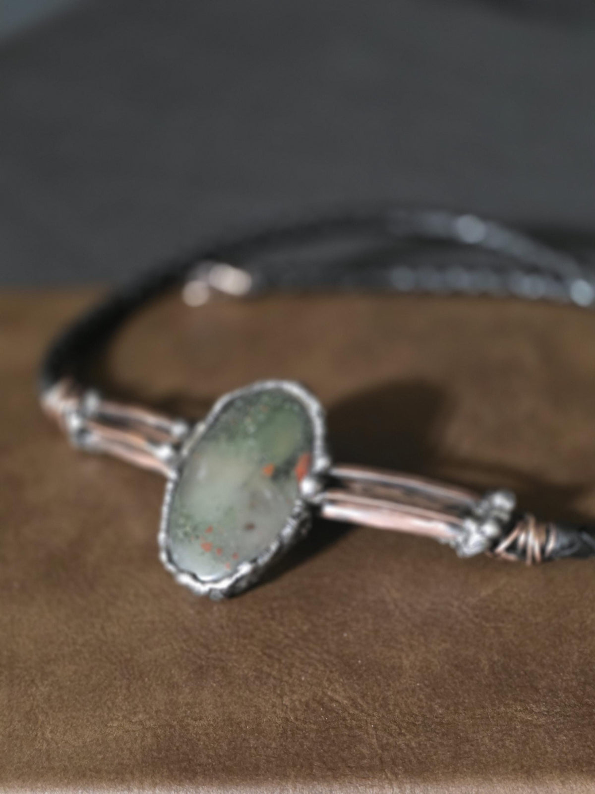 RESURGENT “Life Line” Necklace – Leather & Brass Bolo Style Pendant with Shield Stone Setting, Handcrafted Survivor Jewelry, Rustic Strength