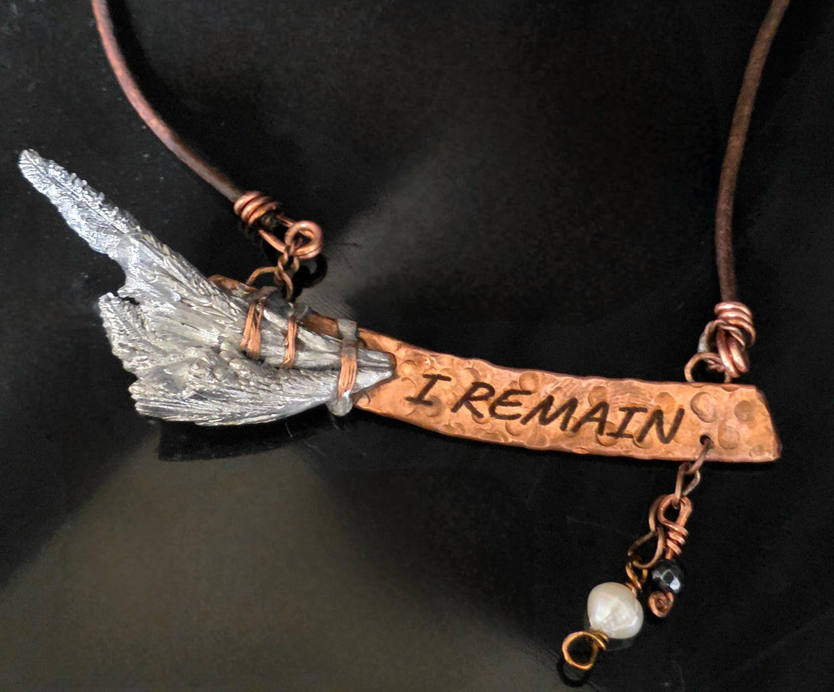 RESURGENT – We Knew Hell But Chose Not to Stay, “I Remain” Copper Bar Necklace, Pearl & Hematite Dangle Pendant, Handmade Rustic Survivor.