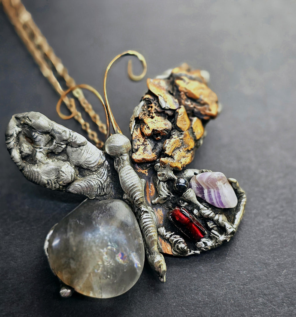 RESURGENT - We Knew Hell But Chose Not to Stay - Still Here Mixed Stone Necklace, Garnet Hematite Chevron Amethyst Moonstone Pendant, Handma