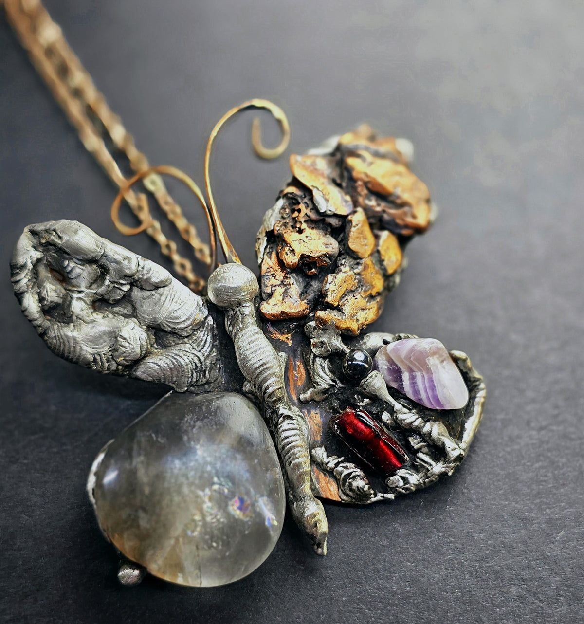 RESURGENT - We Knew Hell But Chose Not to Stay - Still Here Mixed Stone Necklace, Garnet Hematite Chevron Amethyst Moonstone Pendant, Handma