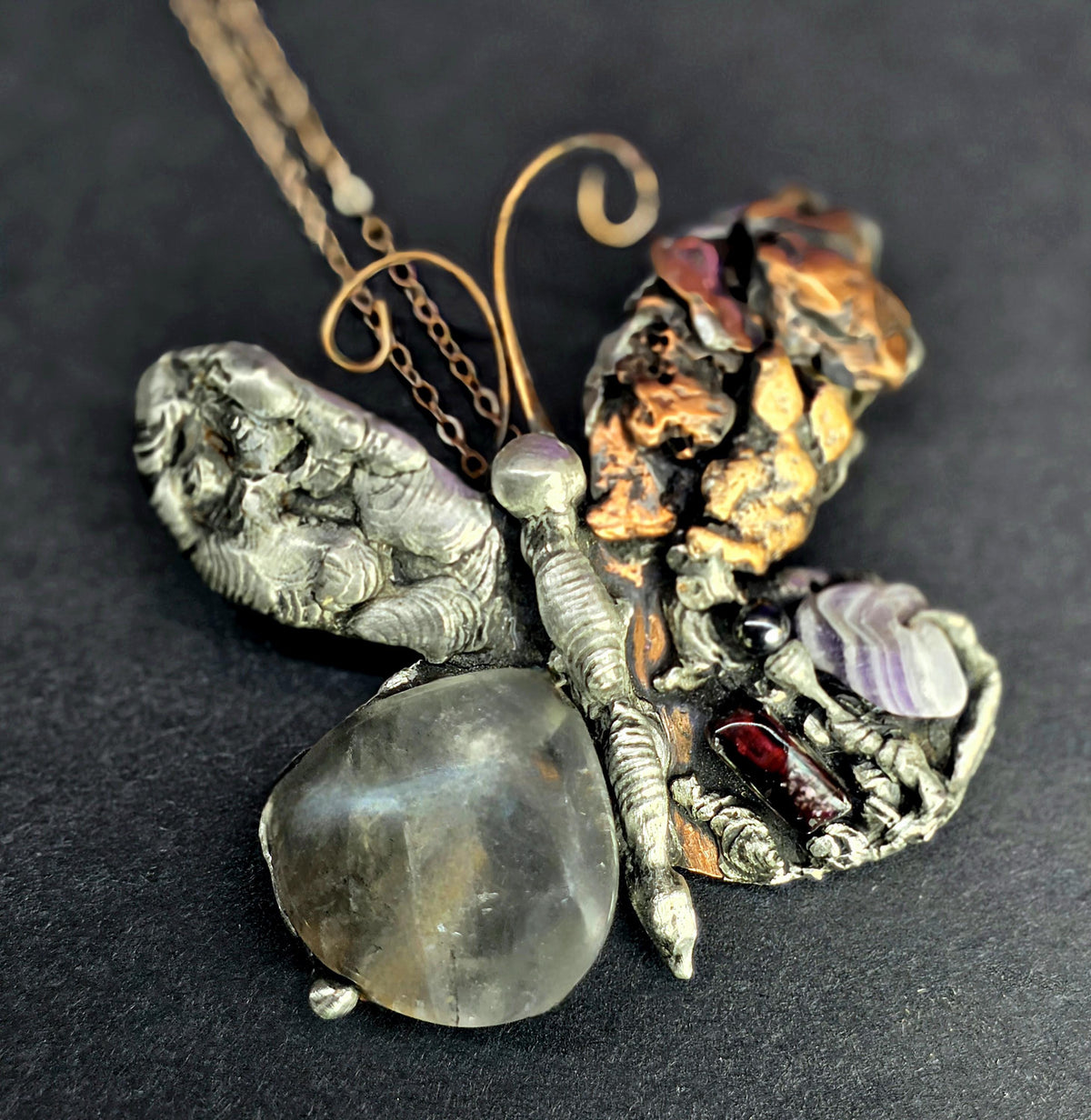 RESURGENT - We Knew Hell But Chose Not to Stay - Still Here Mixed Stone Necklace, Garnet Hematite Chevron Amethyst Moonstone Pendant, Handma