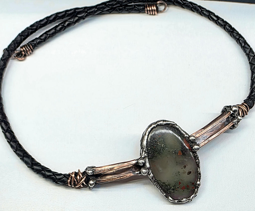 RESURGENT “Life Line” Necklace – Leather & Brass Bolo Style Pendant with Shield Stone Setting, Handcrafted Survivor Jewelry, Rustic Strength