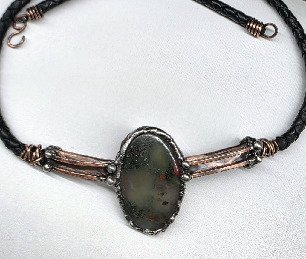 RESURGENT “Life Line” Necklace – Leather & Brass Bolo Style Pendant with Shield Stone Setting, Handcrafted Survivor Jewelry, Rustic Strength