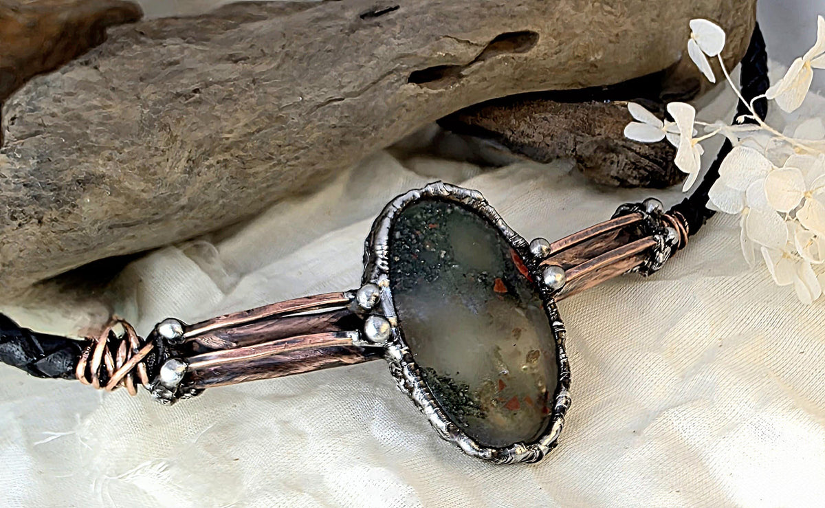 RESURGENT “Life Line” Necklace – Leather & Brass Bolo Style Pendant with Shield Stone Setting, Handcrafted Survivor Jewelry, Rustic Strength