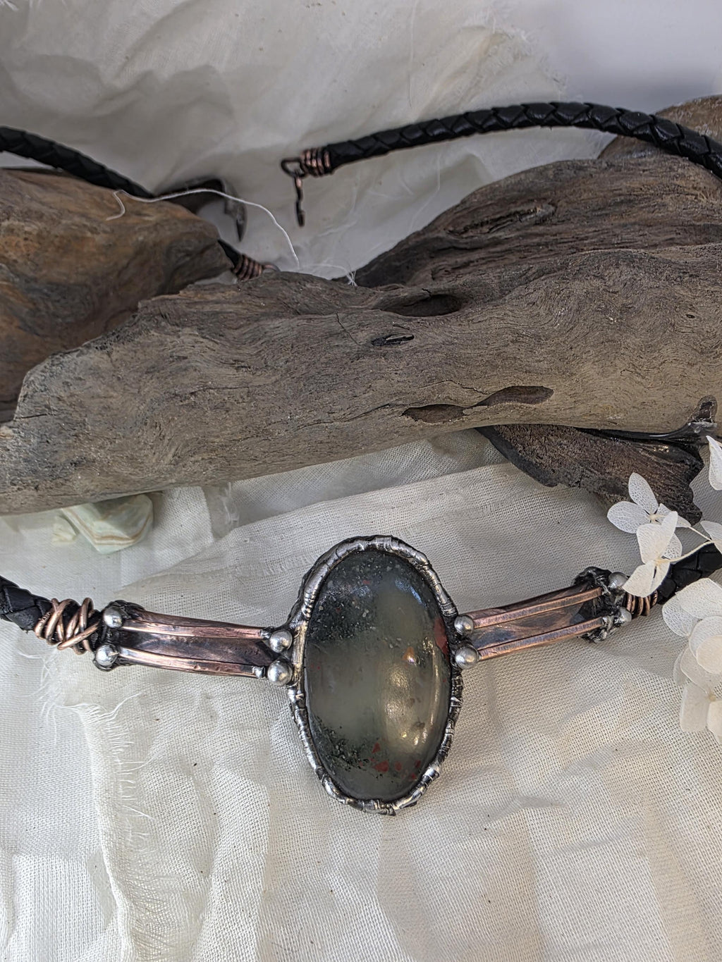 RESURGENT “Life Line” Necklace – Leather & Brass Bolo Style Pendant with Shield Stone Setting, Handcrafted Survivor Jewelry, Rustic Strength