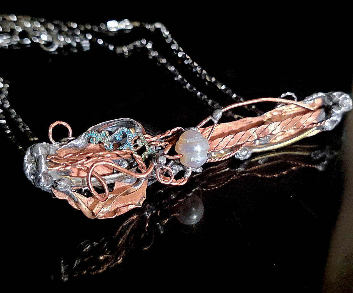 Statement Necklace, Handmade Mixed Metal Necklace, Copper Silver Artisan Jewelry, Pearl Necklace, RESURGENT Tides of Change Necklace