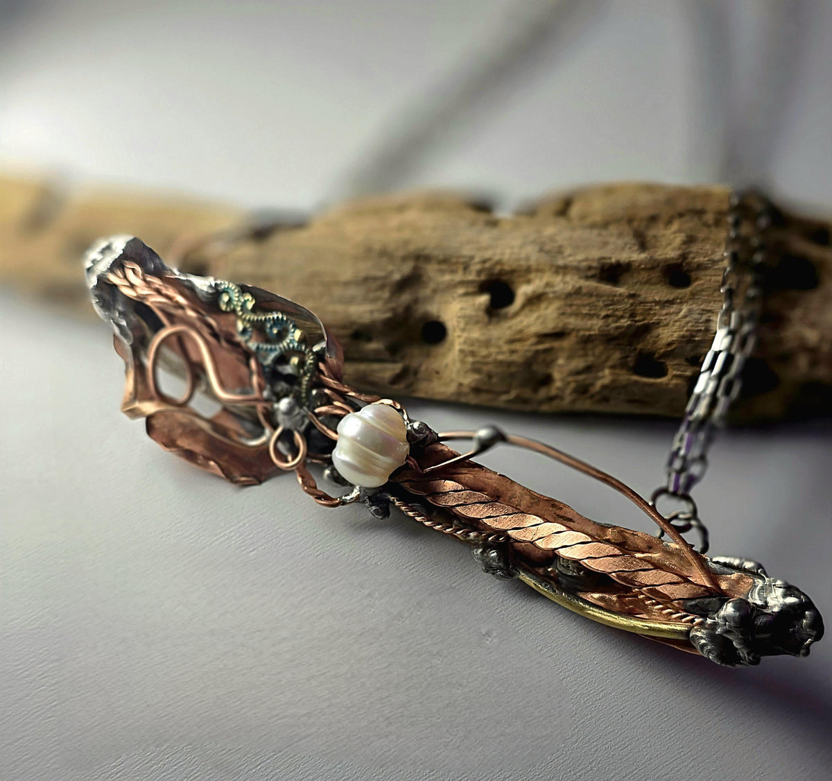 Statement Necklace, Handmade Mixed Metal Necklace, Copper Silver Artisan Jewelry, Pearl Necklace, RESURGENT Tides of Change Necklace