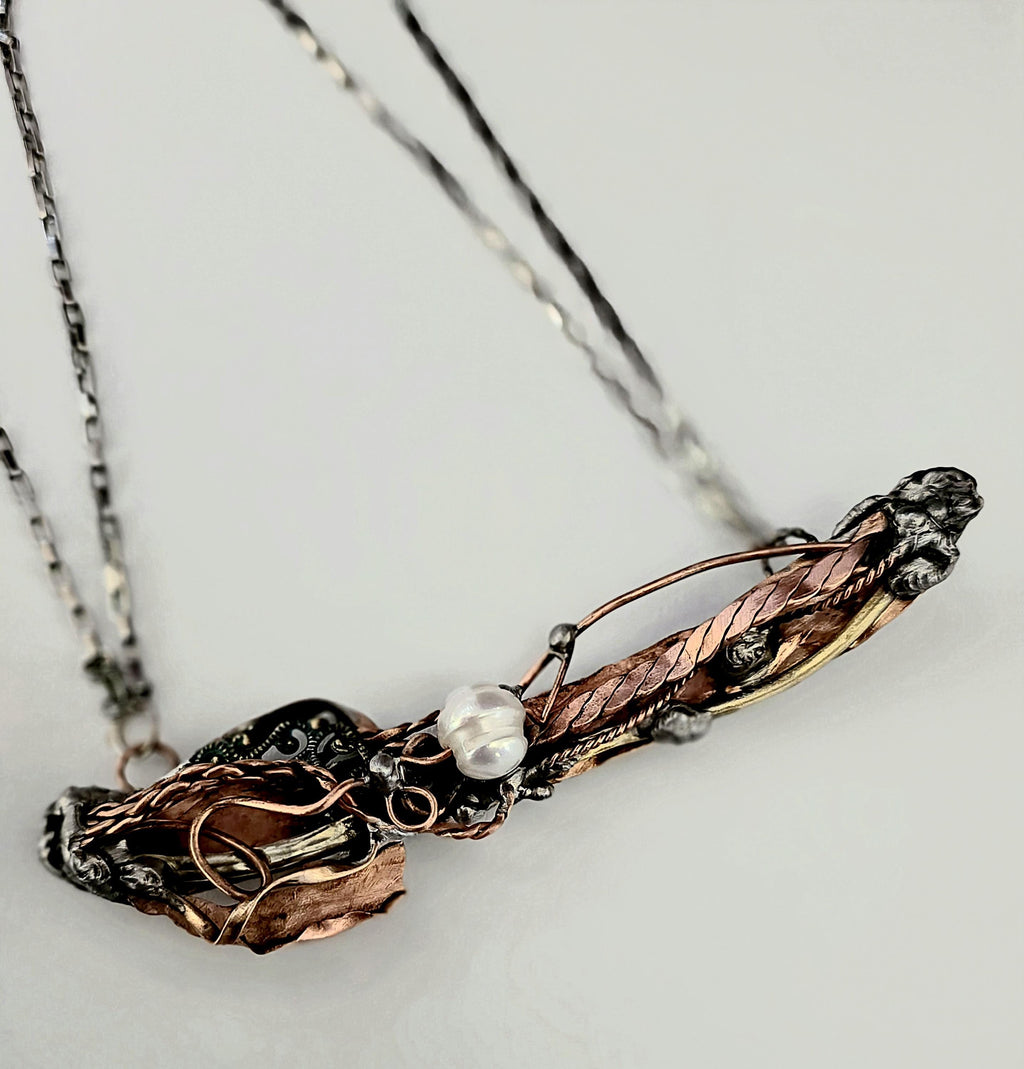 Statement Necklace, Handmade Mixed Metal Necklace, Copper Silver Artisan Jewelry, Pearl Necklace, RESURGENT Tides of Change Necklace