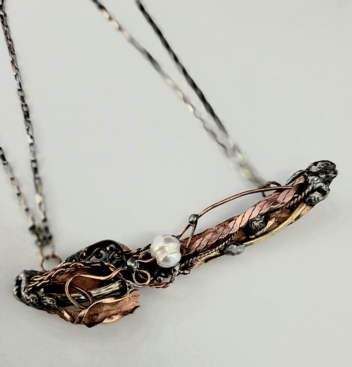 Statement Necklace, Handmade Mixed Metal Necklace, Copper Silver Artisan Jewelry, Pearl Necklace, RESURGENT Tides of Change Necklace