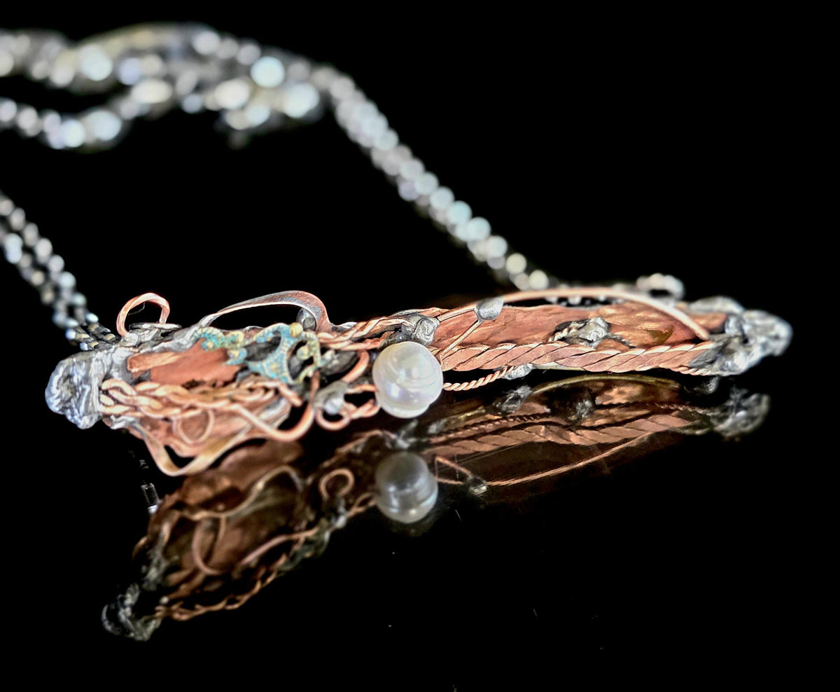 Statement Necklace, Handmade Mixed Metal Necklace, Copper Silver Artisan Jewelry, Pearl Necklace, RESURGENT Tides of Change Necklace