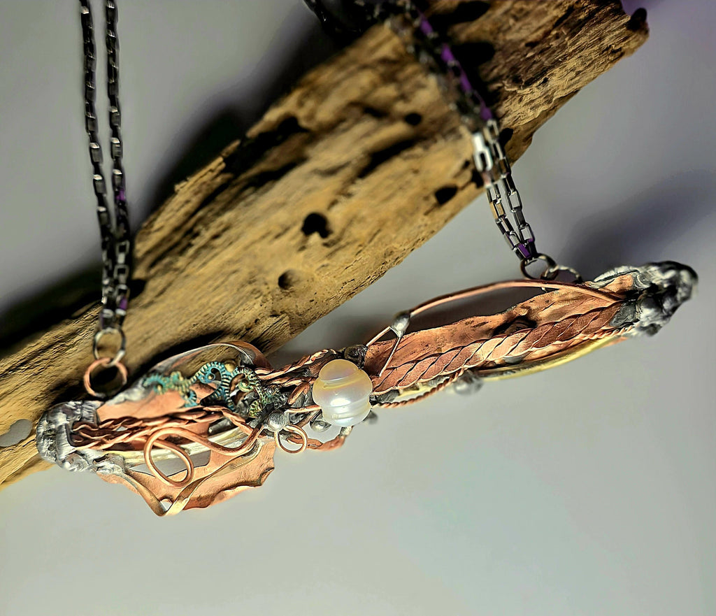 Statement Necklace, Handmade Mixed Metal Necklace, Copper Silver Artisan Jewelry, Pearl Necklace, RESURGENT Tides of Change Necklace