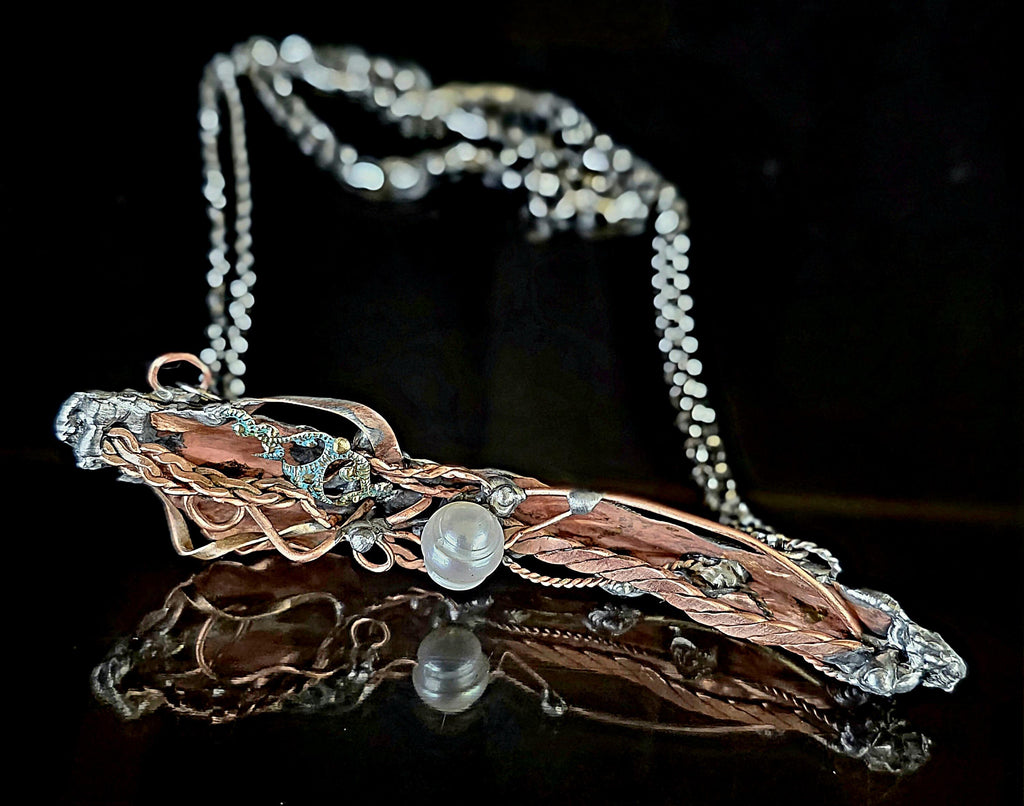 Statement Necklace, Handmade Mixed Metal Necklace, Copper Silver Artisan Jewelry, Pearl Necklace, RESURGENT Tides of Change Necklace