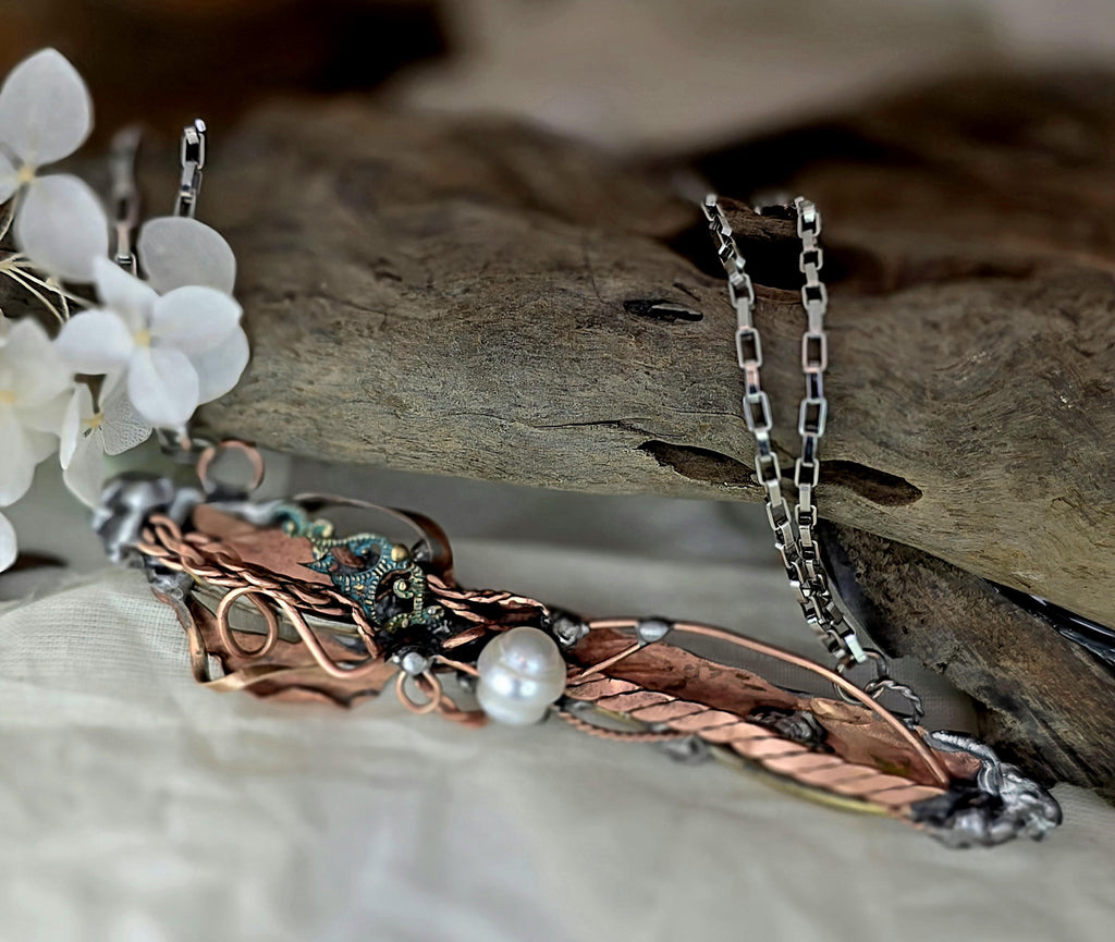 Statement Necklace, Handmade Mixed Metal Necklace, Copper Silver Artisan Jewelry, Pearl Necklace, RESURGENT Tides of Change Necklace