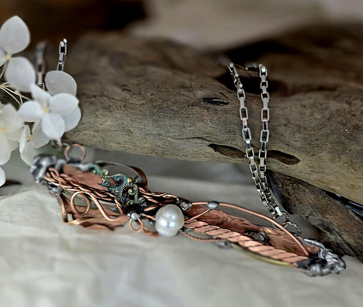 Statement Necklace, Handmade Mixed Metal Necklace, Copper Silver Artisan Jewelry, Pearl Necklace, RESURGENT Tides of Change Necklace