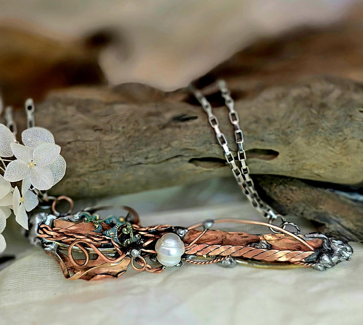 Statement Necklace, Handmade Mixed Metal Necklace, Copper Silver Artisan Jewelry, Pearl Necklace, RESURGENT Tides of Change Necklace