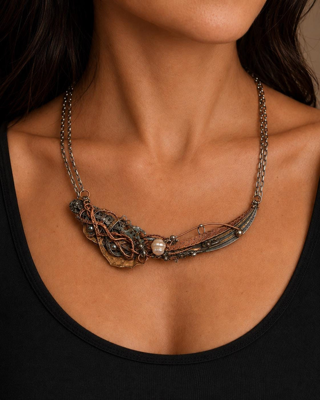 Statement Necklace, Handmade Mixed Metal Necklace, Copper Silver Artisan Jewelry, Pearl Necklace, RESURGENT Tides of Change Necklace