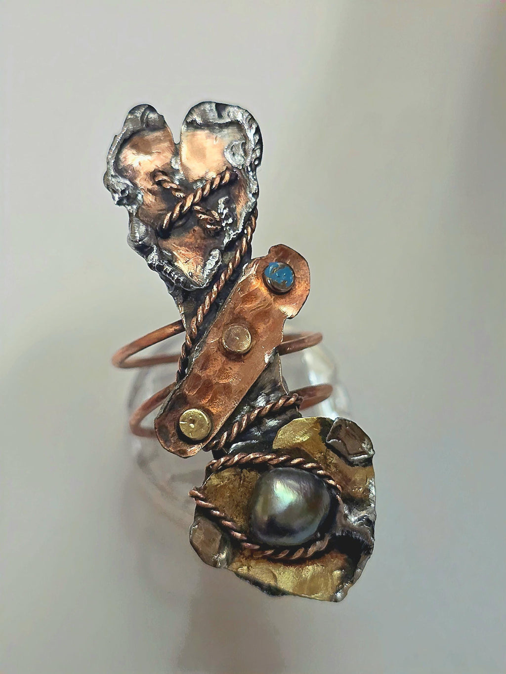 RESURGENT Statement Ring, Held Together Mixed Metal Copper Silver Heart Ring, Black Pearl Artisan Armor Ring