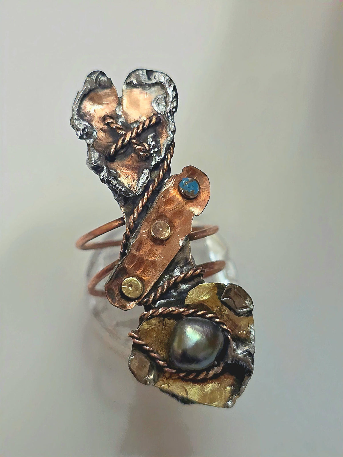 RESURGENT Statement Ring, Held Together Mixed Metal Copper Silver Heart Ring, Black Pearl Artisan Armor Ring